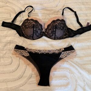 Adore Me Black and Pink Lace Bra Set